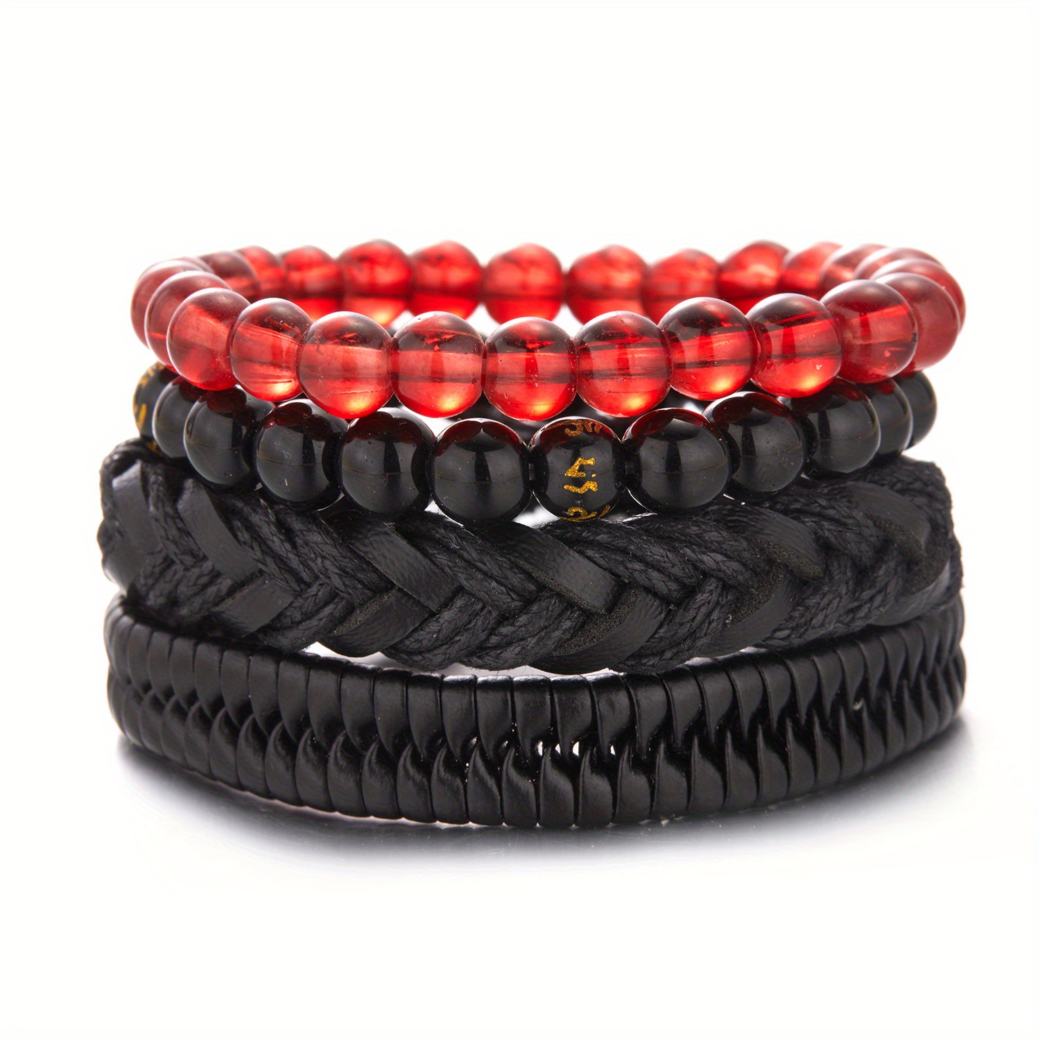 Men's Beaded Leather Combination Bracelet Set